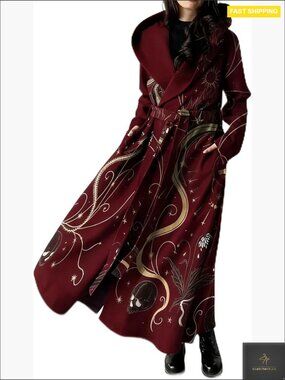 Long Fleece Trench Coat Gothic Maxi Peacoat with Hood Belted Open Front